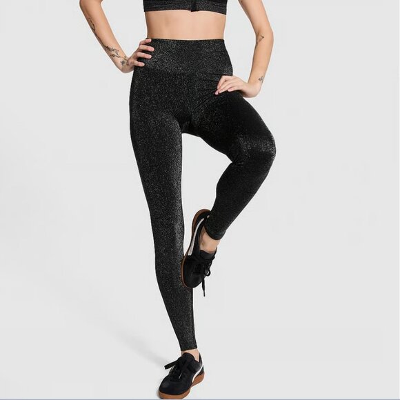 VS PINK SEAMLESS BLING SHIMMER HIGH RISE BLACK SILVER LEGGINGS (M) NWT! - Picture 1 of 13